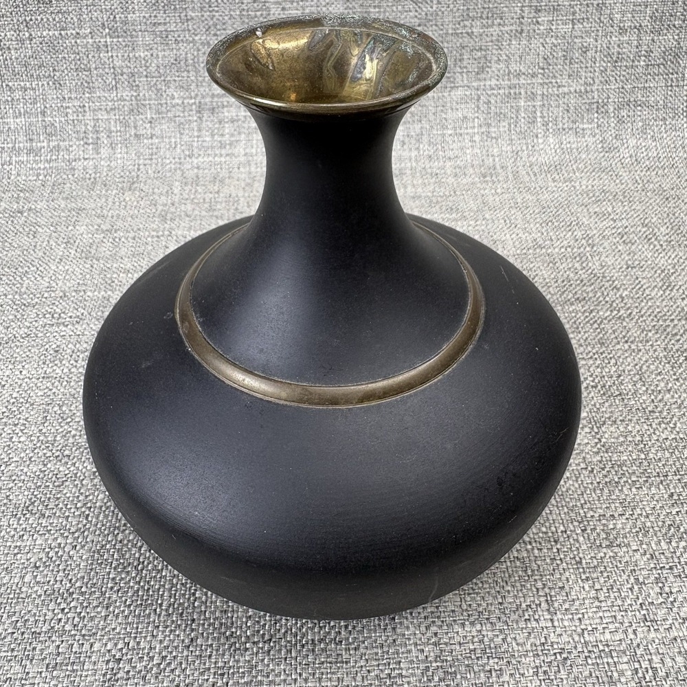 RIH Vintage Solid Brass Matte Black Vase Gold Trim Mid Century Modern India 6in